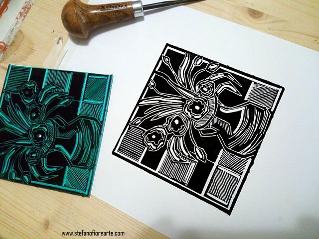 Incisione linocut — vaso di fiori — Art brut e grafiche d'autore di Stefano Fiore